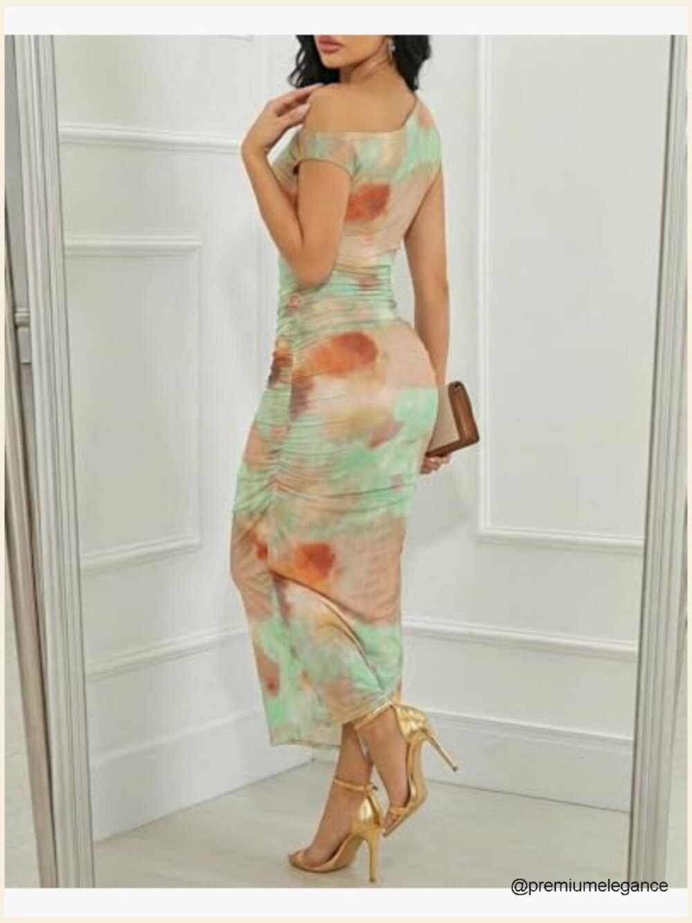 One Shoulder Ruched Bodycon Midi Dress Mesh Tie-Dye Party - Picture 4 of 7